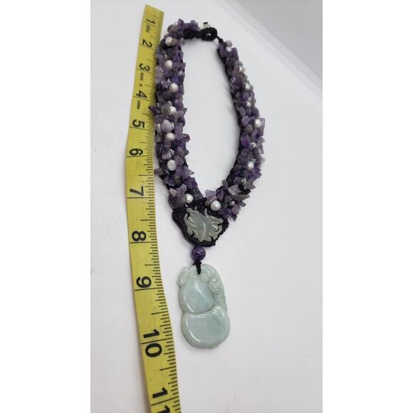 Vintage Necklace Amethyst Genuine Pearl Jade Elephant & Butterfly Pendants - Picture 9 of 13